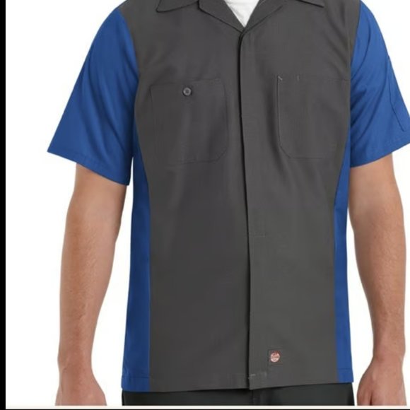 Size XL short sleeve two tone crew work shirt, button up, charcoal/royal blue - Picture 2 of 5